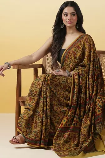 Mustard yellow ajrakh printed cotton saree
