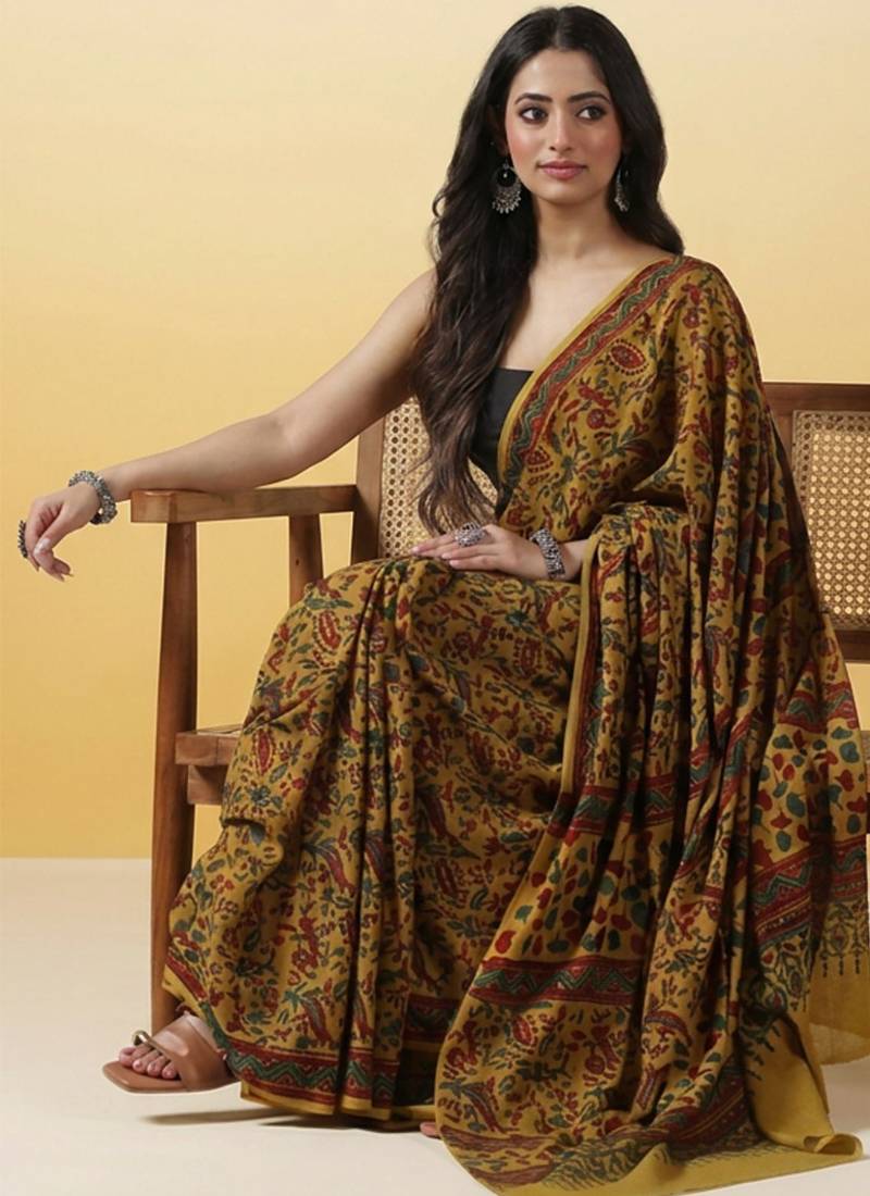 Mustard yellow ajrakh printed cotton saree
