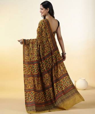 Mustard yellow ajrakh printed cotton saree 3