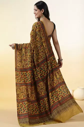 Mustard yellow ajrakh printed cotton saree