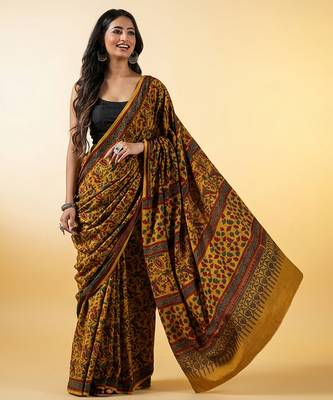 Mustard yellow ajrakh printed cotton saree 4