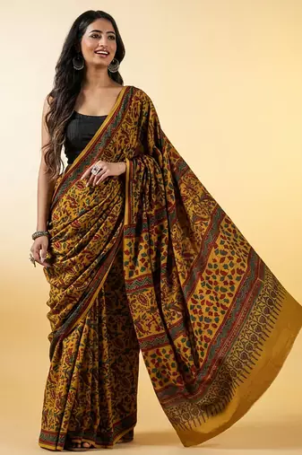 Mustard yellow ajrakh printed cotton saree