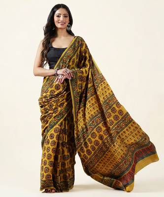 Mustard yellow ajrakh printed cotton saree 1