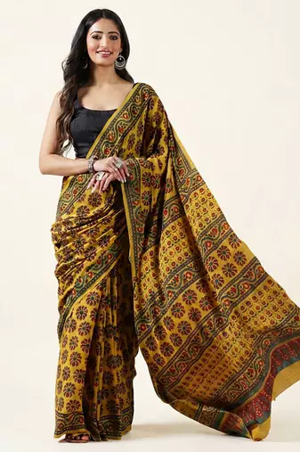 Mustard yellow ajrakh printed cotton saree