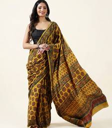 Mustard yellow ajrakh printed cotton saree