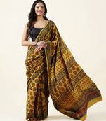 Mustard yellow ajrakh printed cotton saree