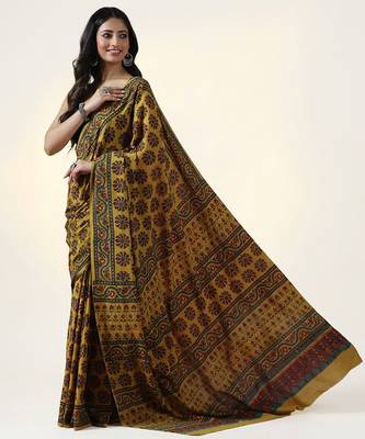 Mustard yellow ajrakh printed cotton saree 2