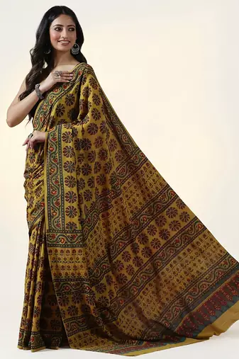 Mustard yellow ajrakh printed cotton saree