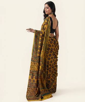 Mustard yellow ajrakh printed cotton saree 3