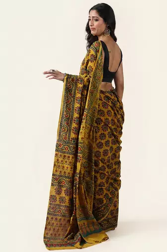 Mustard yellow ajrakh printed cotton saree
