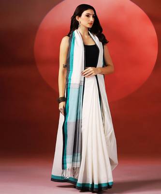 White teal blue handloom khadi saree 1