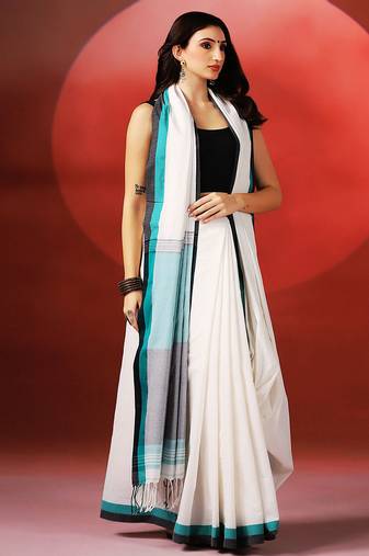 White teal blue handloom khadi saree