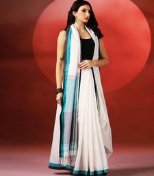 White teal blue handloom khadi saree