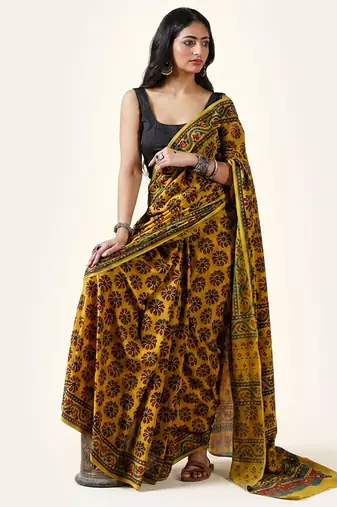 Mustard yellow ajrakh printed cotton saree