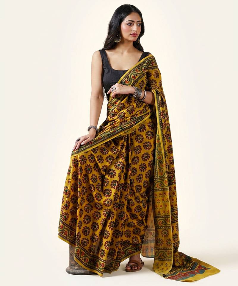 Mustard yellow ajrakh printed cotton saree