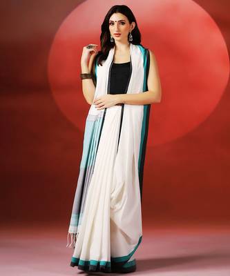 White teal blue handloom khadi saree 2