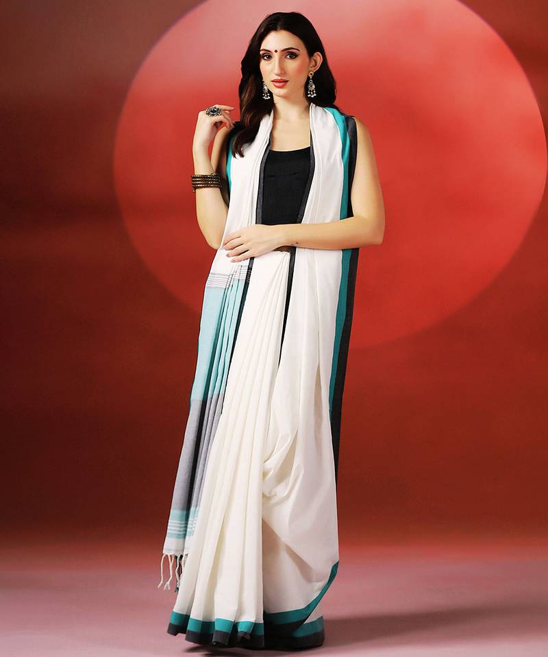 White teal blue handloom khadi saree