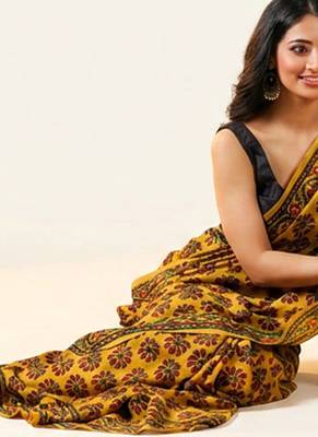 Mustard yellow ajrakh printed cotton saree 5