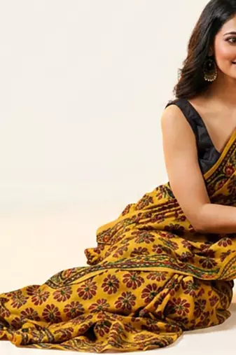 Mustard yellow ajrakh printed cotton saree