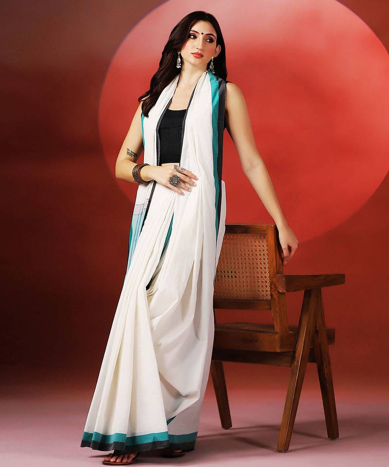 White teal blue handloom khadi saree