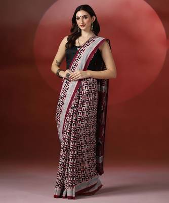 Maroon grey ajrakh printed cotton saree 1