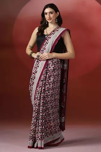 Maroon grey ajrakh printed cotton saree