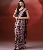 Maroon grey ajrakh printed cotton saree