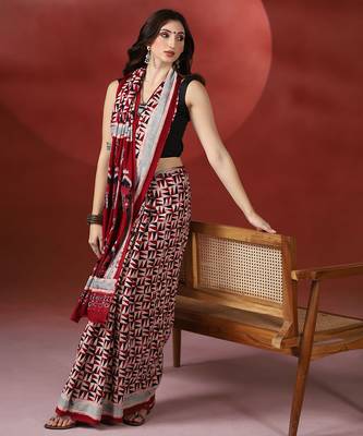 Maroon grey ajrakh printed cotton saree 2