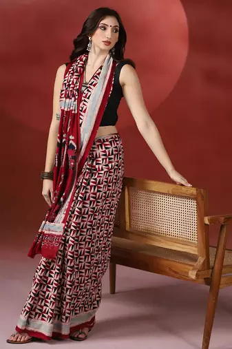 Maroon grey ajrakh printed cotton saree