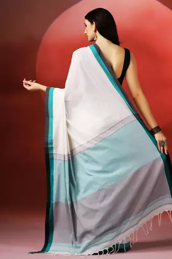 White teal blue handloom khadi saree