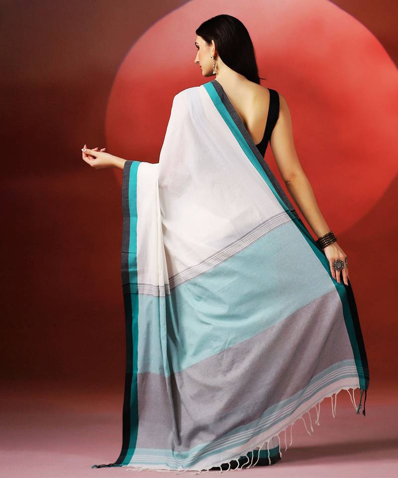 White teal blue handloom khadi saree