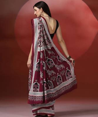 Maroon grey ajrakh printed cotton saree 3