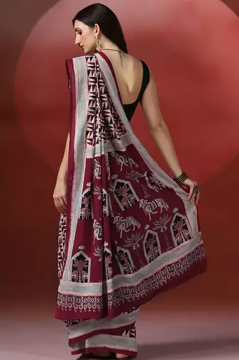 Maroon grey ajrakh printed cotton saree