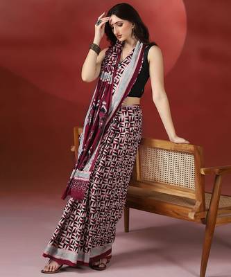 Maroon grey ajrakh printed cotton saree 4