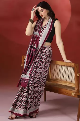 Maroon grey ajrakh printed cotton saree