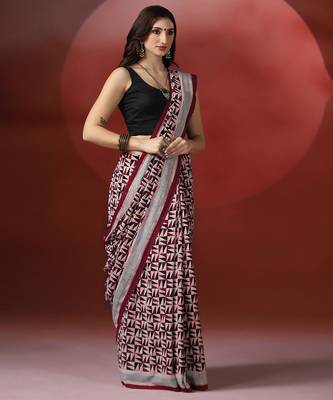 Maroon grey ajrakh printed cotton saree 5