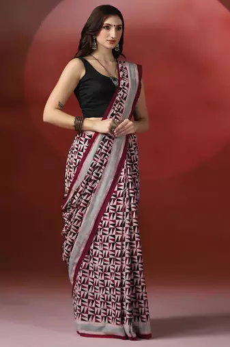 Maroon grey ajrakh printed cotton saree