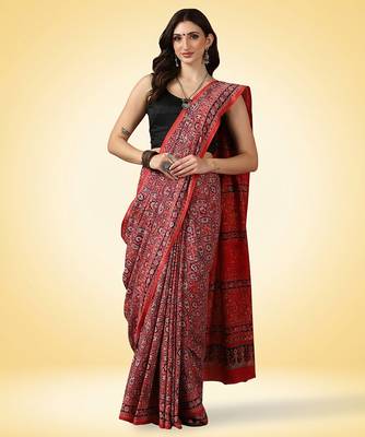 Crimson red ajrakh printed cotton saree 1