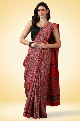 Crimson red ajrakh printed cotton saree