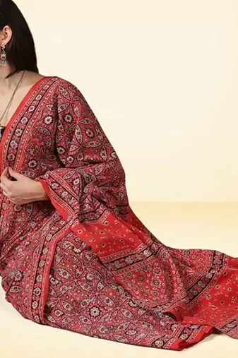 Crimson red ajrakh printed cotton saree