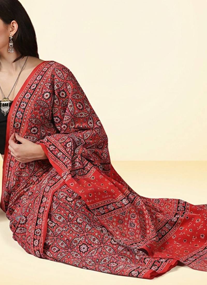 Crimson red ajrakh printed cotton saree