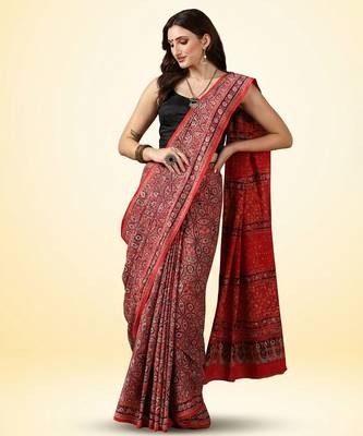 Crimson red ajrakh printed cotton saree 3