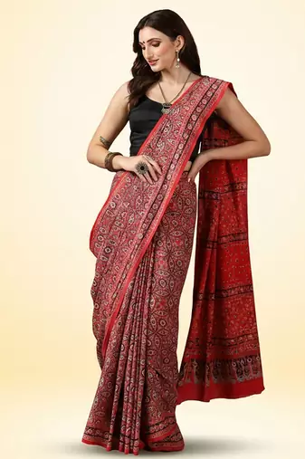Crimson red ajrakh printed cotton saree