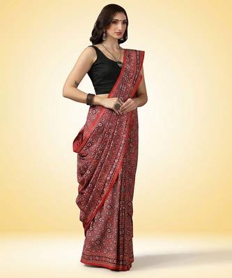 Crimson red ajrakh printed cotton saree 4