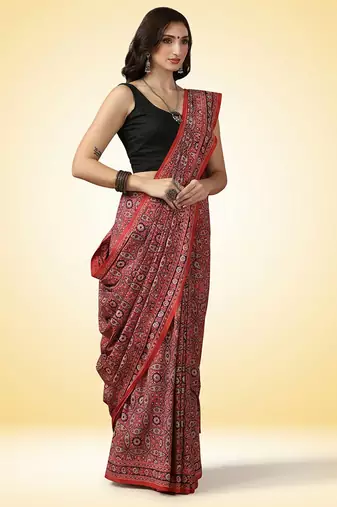 Crimson red ajrakh printed cotton saree