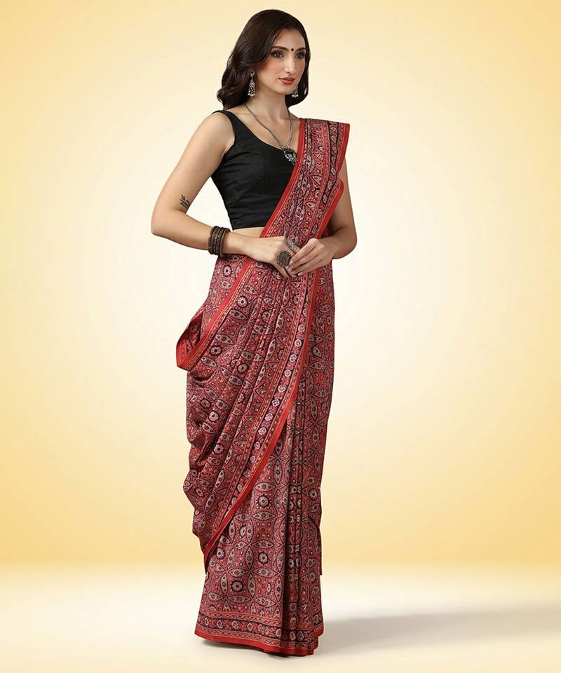 Crimson red ajrakh printed cotton saree
