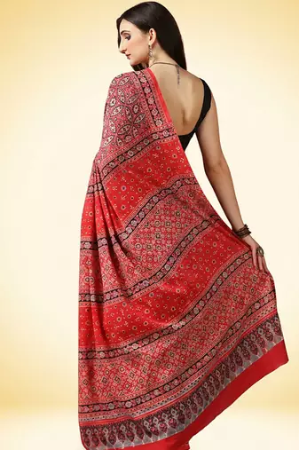 Crimson red ajrakh printed cotton saree
