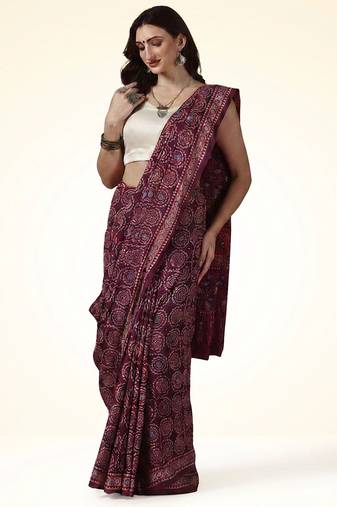 Maroon wine ajrakh printed cotton saree