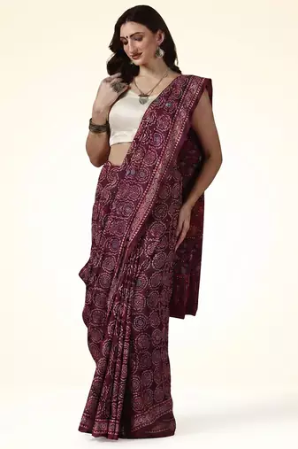 Maroon wine ajrakh printed cotton saree