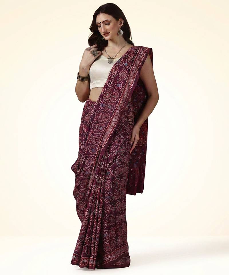 Maroon wine ajrakh printed cotton saree
